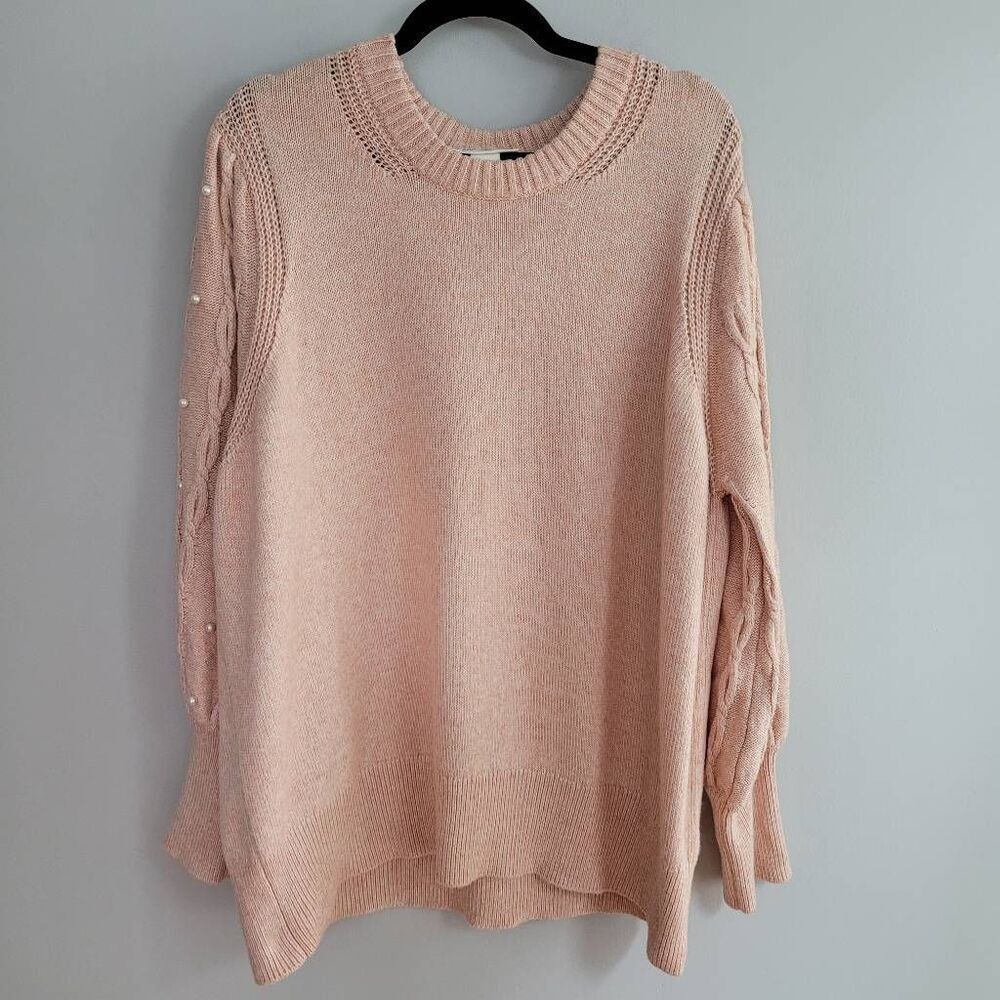 peach pink‎ 2X crew neck sweater balloon sleeve pearl embellishments glam